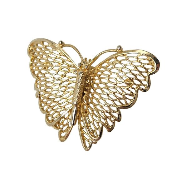 Butterfly Openwork Brooch Pin Gold Tone Vintage - Picture 2 of 4